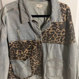 POL Women's Denim Jacket with Leopard Print